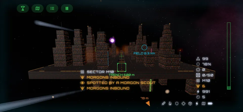 Flying the trench of a Morgon base, its city of lit towers on either side