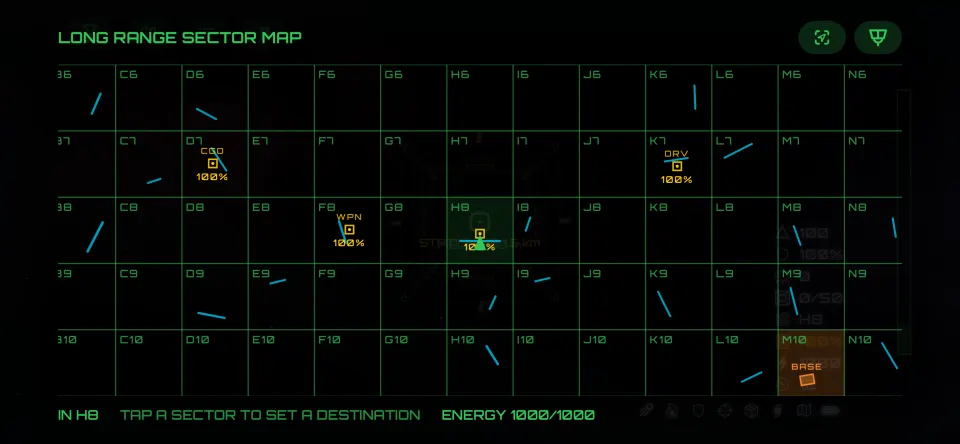 The long range sector map, with asteroid fields, stations and a Morgon base