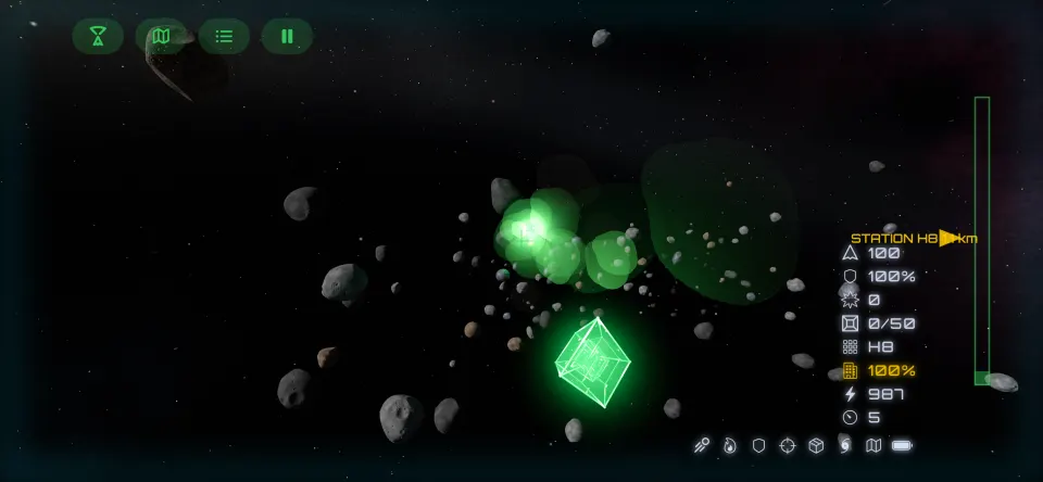 Breaking rocks in an asteroid field, with glowing Thalorite among them